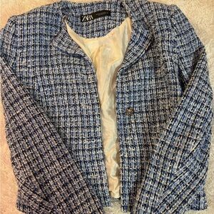 Zara Women's Classic Blue Tweed Blazer